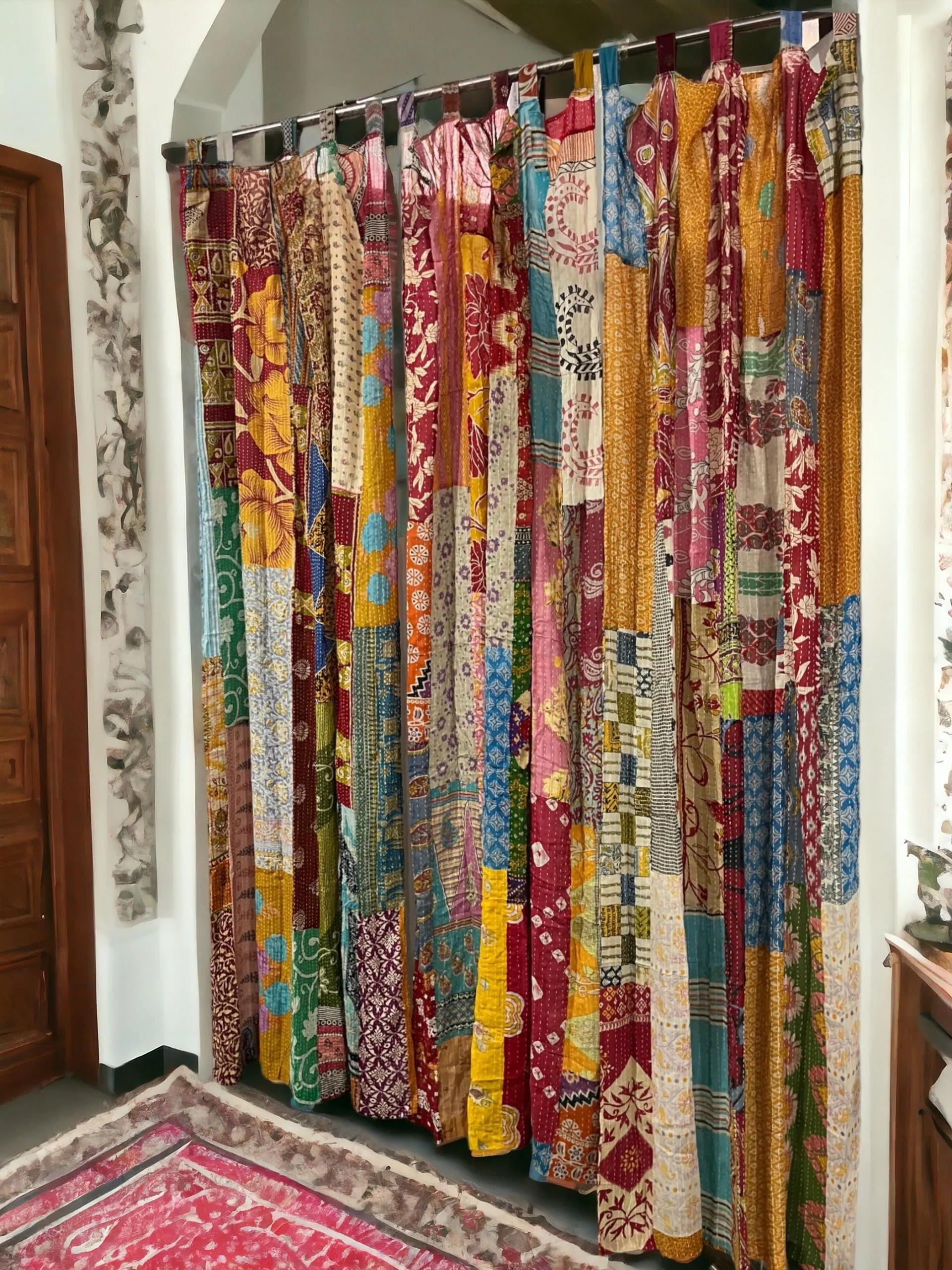 Upcycled Indian Vintage Sari Curtain Kantha Embroidered Patchwork 100%Cotton Boho Theme Window Door Drapes