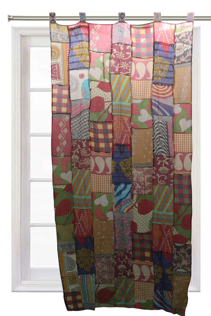 Upcycled Indian Vintage Sari Curtain Kantha Embroidered Patchwork 100%Cotton Boho Theme Window Door Drapes