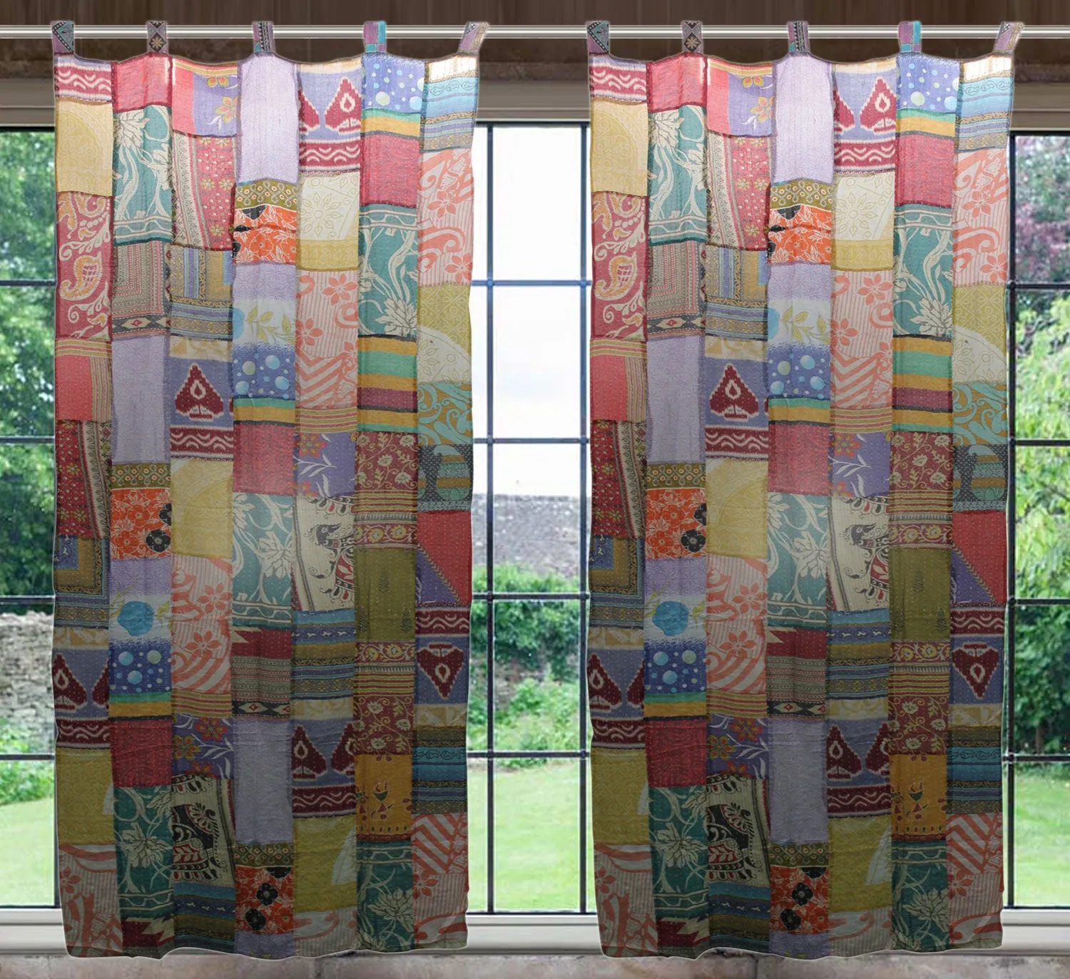 Upcycled Indian Vintage Sari Curtain Kantha Embroidered Patchwork 100%Cotton Boho Theme Window Door Drapes