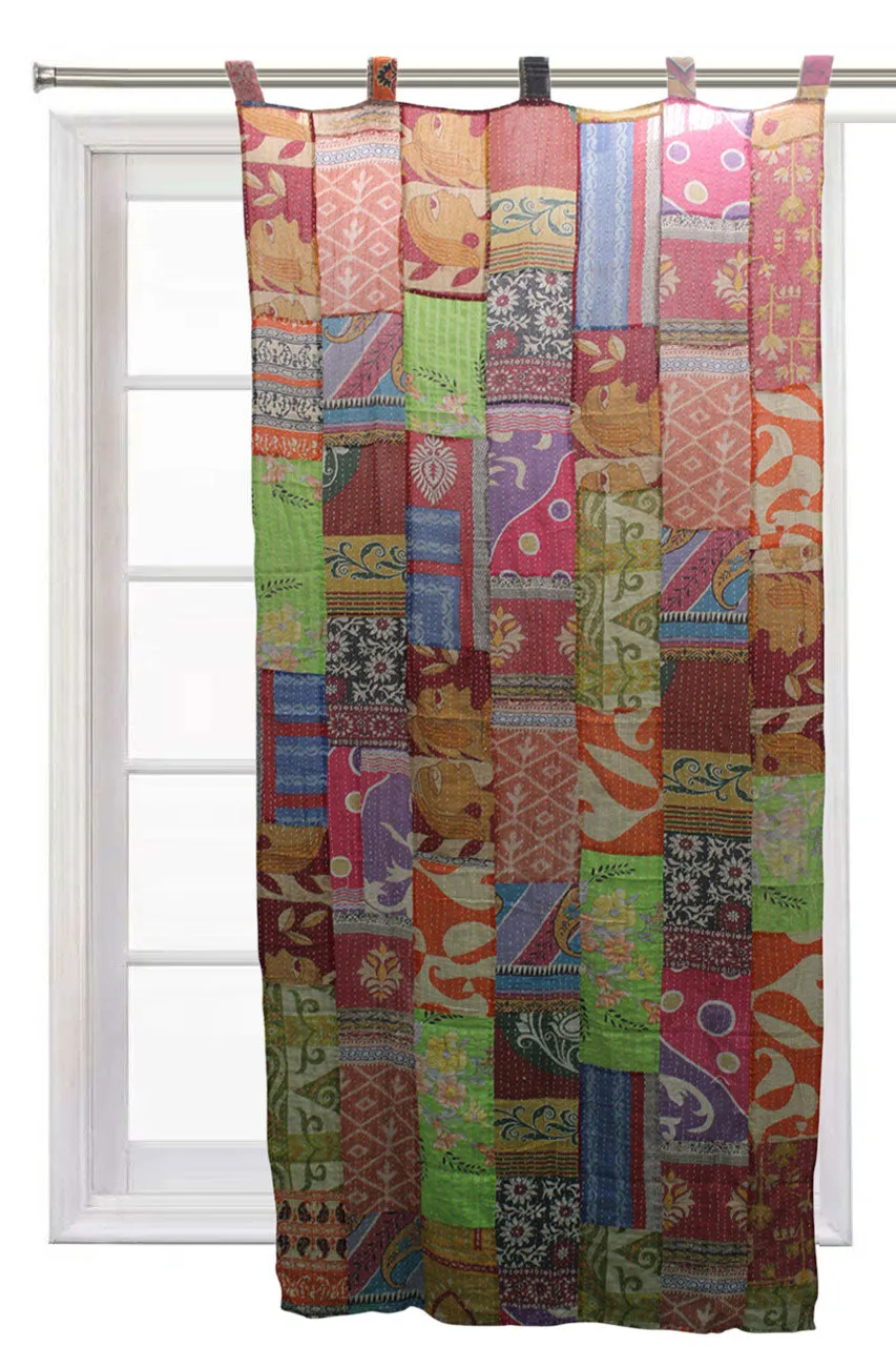 Upcycled Indian Vintage Sari Curtain Kantha Embroidered Patchwork 100%Cotton Boho Theme Window Door Drapes