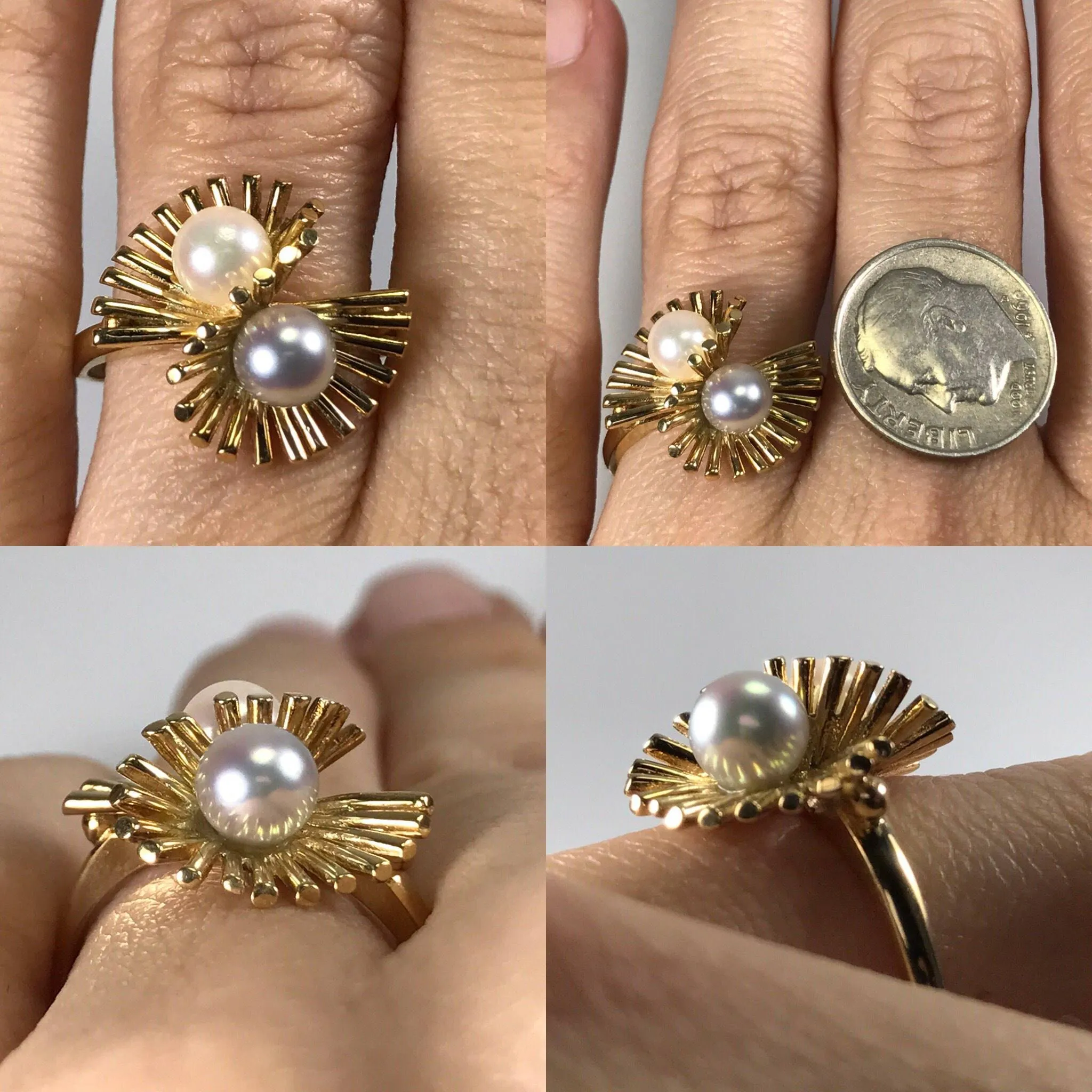 Vintage White and Black Modernist Ring by Skalet Jewelry. 14K Yellow Gold. June Birthstone.
