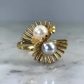 Vintage White and Black Modernist Ring by Skalet Jewelry. 14K Yellow Gold. June Birthstone.