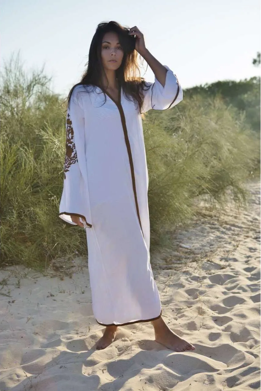 White Beige Floral Moroccan Embroidery Rose Kaftan-Moroccan Kaftan
