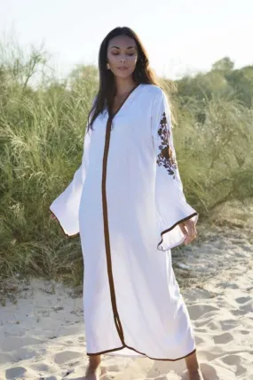 White Beige Floral Moroccan Embroidery Rose Kaftan-Moroccan Kaftan