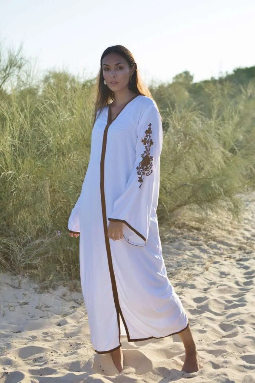 White Beige Floral Moroccan Embroidery Rose Kaftan-Moroccan Kaftan