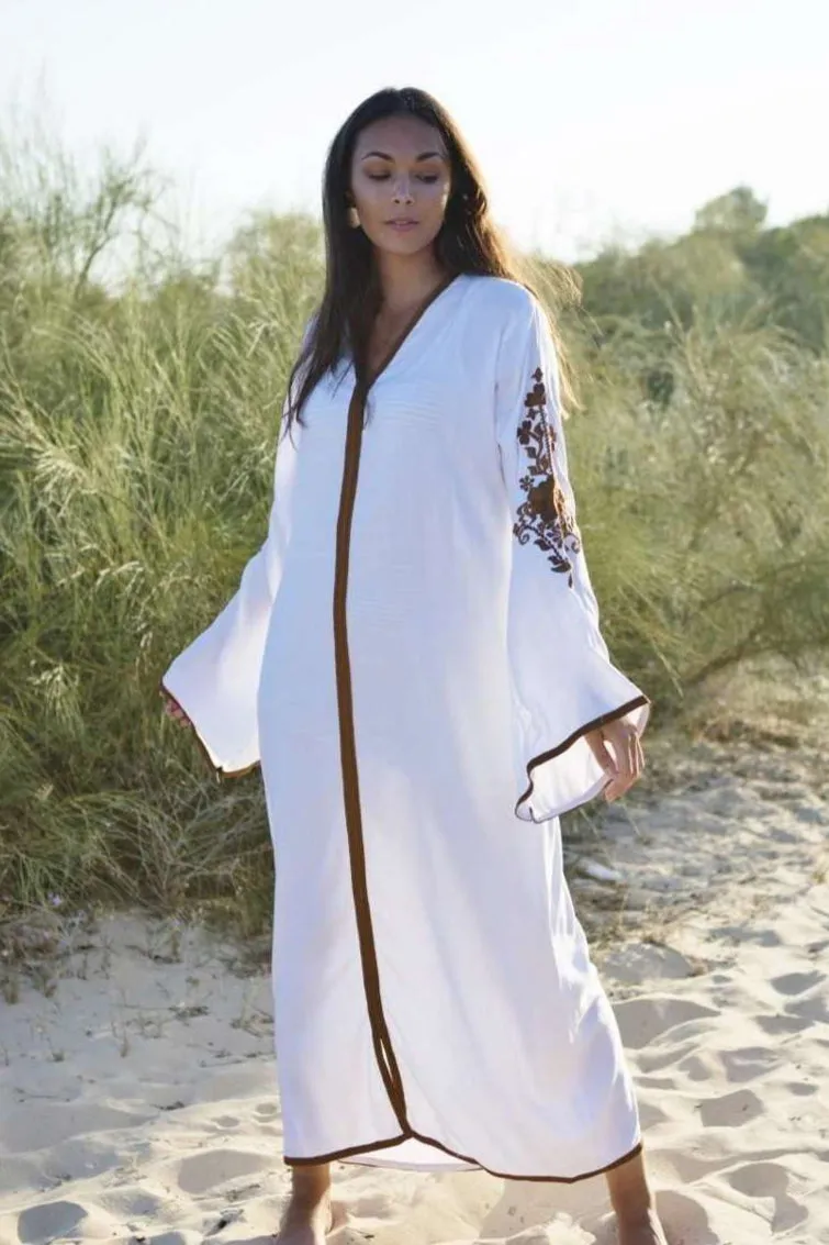 White Beige Floral Moroccan Embroidery Rose Kaftan-Moroccan Kaftan