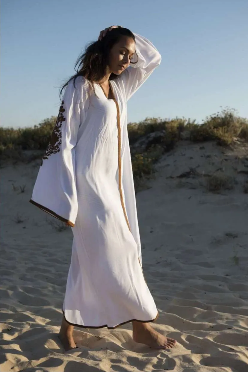 White Beige Floral Moroccan Embroidery Rose Kaftan-Moroccan Kaftan