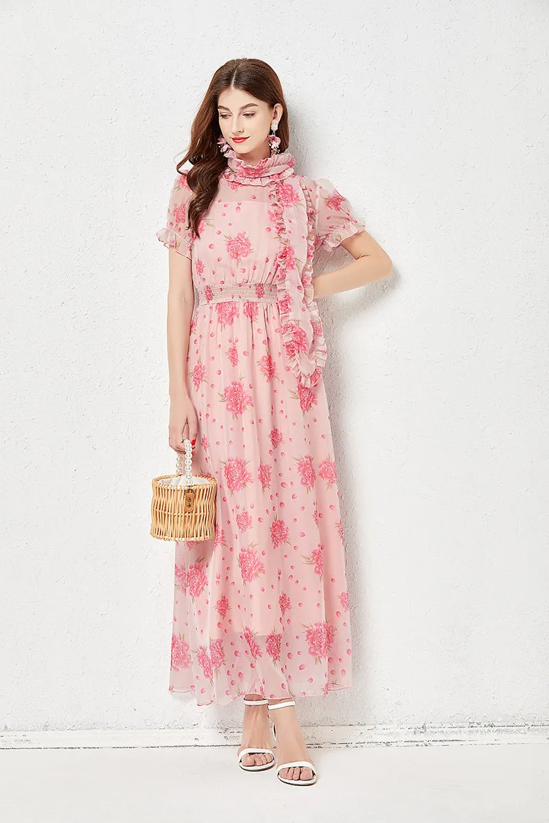 Women Fairy Dress Simulation Silk Light And Elegant Large Swing Elastic Waist Long Dress Pink Print And Silk Scarf